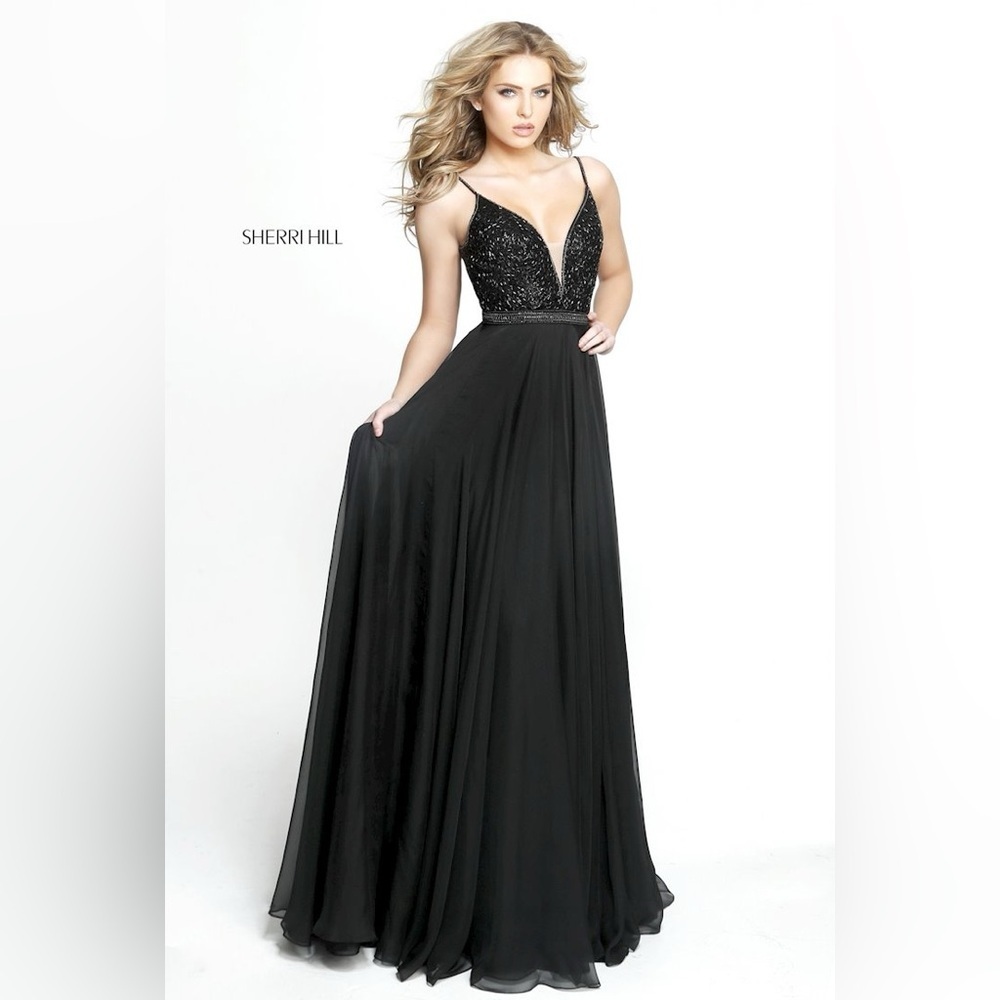 Sherri Hill Beaded A Line Whimsical Black Gown Size 10